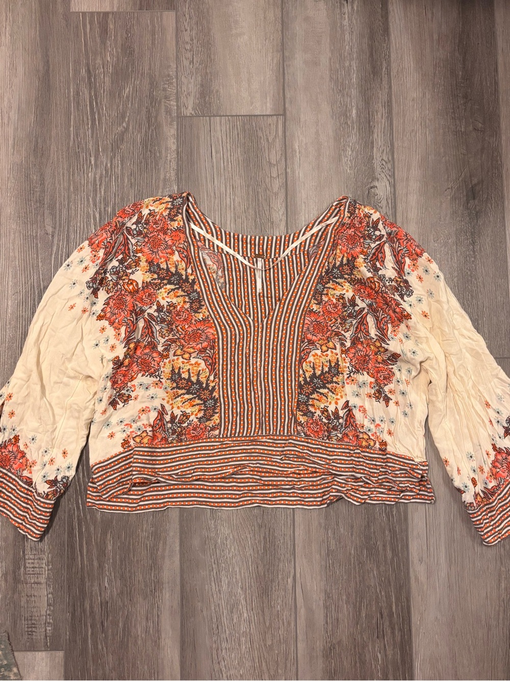 Free People Cream Floral Boho Peasant Top with Rust and Brown Accents